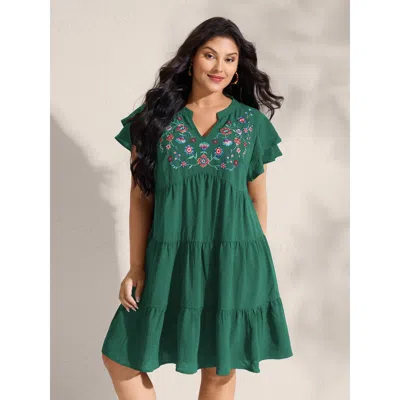 Bloomchic Women's Plus Size Embroidered Neckline A-line Ruffled Knee-length Dress Emerald Botanical Mini Vacat In Green