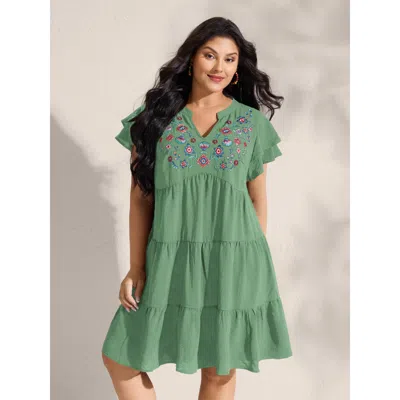 Bloomchic Women's Plus Size Embroidered Neckline A-line Ruffled Knee-length Dress Greenbean Botanical Mini Vac