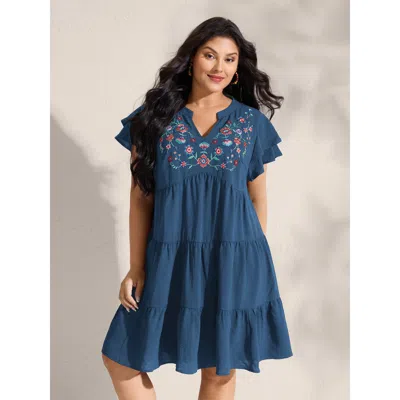 Bloomchic Women's Plus Size Embroidered Neckline A-line Ruffled Knee-length Dress Mediumblue Botanical Mini Va