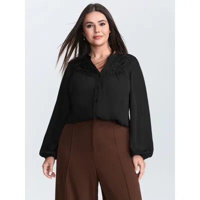Bloomchic Women's Plus Size Embroidered Neckline Button-down Blouse Black Solid Office Long Sleeve V-notch Nec