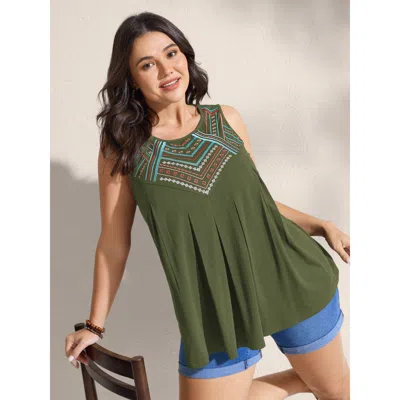 Bloomchic Women's Plus Size Embroidered Neckline Pleated Front Panel Tank Top Denimarmygreen Vacation Relaxed 