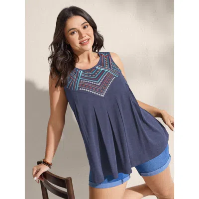 Bloomchic Women's Plus Size Embroidered Neckline Pleated Front Panel Tank Top Navy Vacation Relaxed Fit Boxy R In Blue