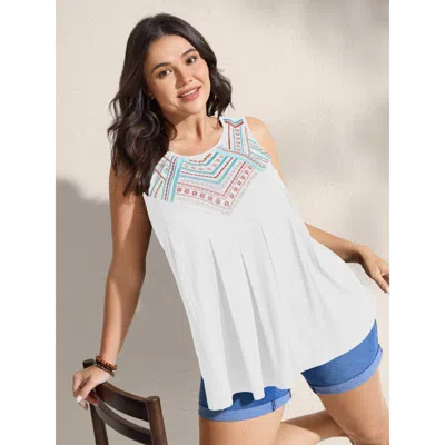 Bloomchic Women's Plus Size Embroidered Neckline Pleated Front Panel Tank Top Opticwhite Vacation Relaxed Fit  In White