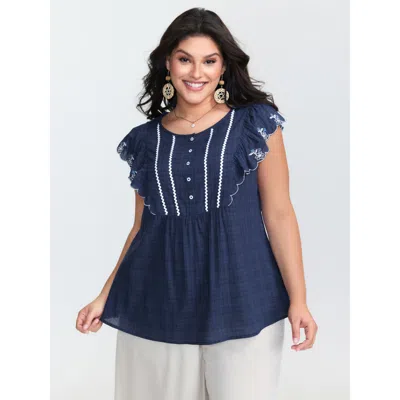 Bloomchic Women's Plus Size Embroidered Neckline Ruffled Sleeve Blouse Indigo Plaid Vacation Cap Sleeve 22-24/ In Purple