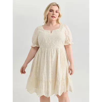 Bloomchic Women's Plus Size Embroidered Notched Collar Mini Dress Ivory Synthetic Texture Short Elegant 10/m In White