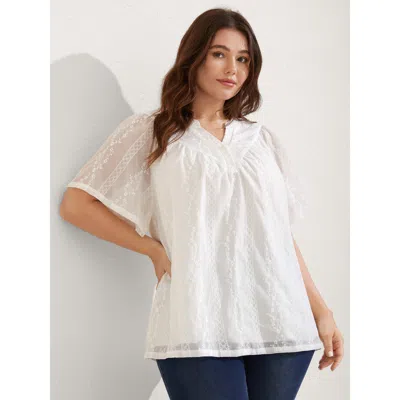 Bloomchic Women's Plus Size Embroidered Notched Collar Sheer Blouse Beige Non Vacation Short Sleeve 10/m In Sand