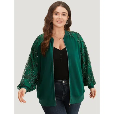 Bloomchic Women's Plus Size Embroidered Patchwork Mesh Zipper Jacket Green Elastic Cuffs 10/m