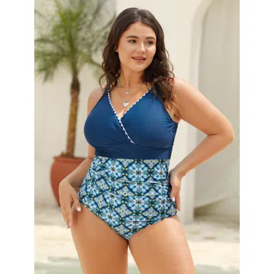 Bloomchic Women's Plus Size Embroidered Pleated Printed One-piece Swimsuit Mediumblue Bohemian Print Texture A