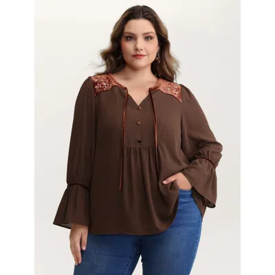 Bloomchic Women's Plus Size Embroidered Pleated Ruffled Sleeve Blouse Browncoffeecolor Non Vacation Long Sleev