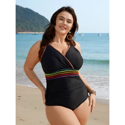 Bloomchic Women's Plus Size Embroidered Pleated Webbed One-piece Swimsuit Black Non Woven Ribbon&lace Trim Ada