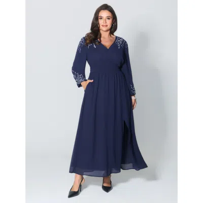 Bloomchic Women's Plus Size Embroidered Side Slit V-neck Maxi Dress Navy Floral Maxi Party Embroidered 10/m In Blue