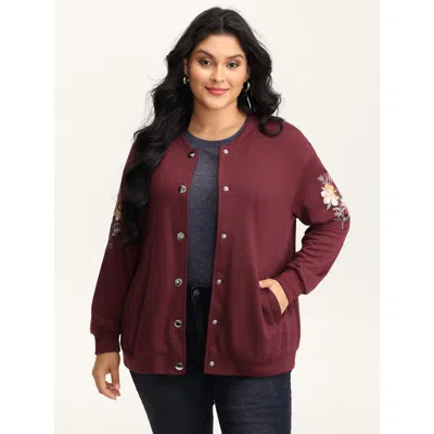 Bloomchic Women's Plus Size Embroidered Sleeve Button-down Jacket Burgundy Embroidered O-line 10/m