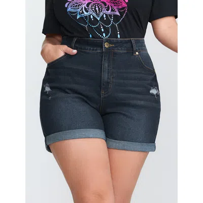 Bloomchic Women's Plus Size Embroidered Straight-leg Denim Shorts Midnight Mid Rise High Stretch Casual 12/l In Blue