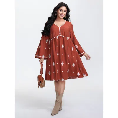 Bloomchic Women's Plus Size Embroidered Stretchy Waist Contrast Mini Dress Rust Geometric Midi Vacation Patchw In Brown