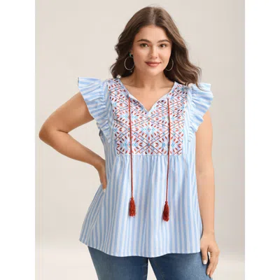 Bloomchic Women's Plus Size Embroidered Stripe Neck Tie Blouse Skyblue Stripes Vacation Cap Sleeve 14-16/1x In Blue