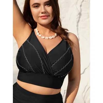 Bloomchic Women's Plus Size Embroidered Surplice Neck Adjustable Swim Top Black Non Sleeveless Overlapping Ada