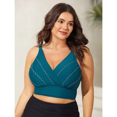 Bloomchic Women's Plus Size Embroidered Surplice Neck Adjustable Swim Top Cyan Non Sleeveless Overlapping Adap In Blue