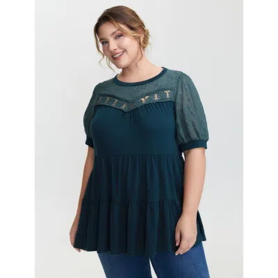 Bloomchic Women's Plus Size Embroidered Tiered Floral Lace T-shirt Aegean Non Elegant Half Sleeve 10/m In Blue