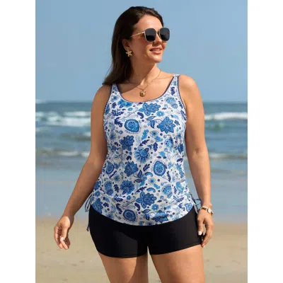 Bloomchic Women's Plus Size Embroidered Trim Adjustable Drawstring Swim Top Skyblue Paisley Sleeveless Embroid In Blue
