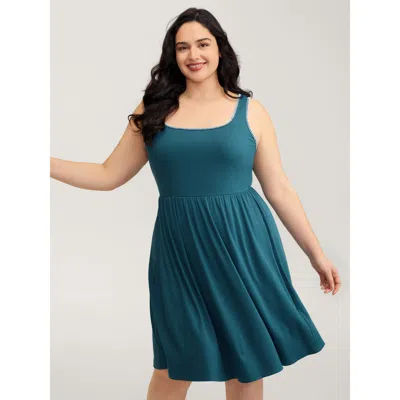 Bloomchic Women's Plus Size Embroidered Trim Cinched-waist Stretchy Mini Dress Teal Non Knee Casual 12/l In Blue