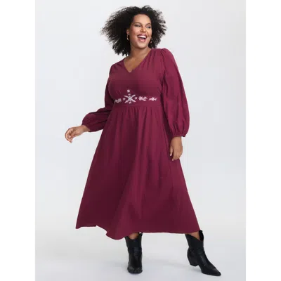 Bloomchic Women's Plus Size Embroidered Waistline Pockets Flowy Maxi Dress Burgundy Synthetic Texture Maxi Vac