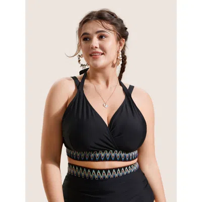 Bloomchic Women's Plus Size Embroidered Wrap Tie Knot Swim Top Black Solid Sleeveless Lace-up Adaptive-fit 30/