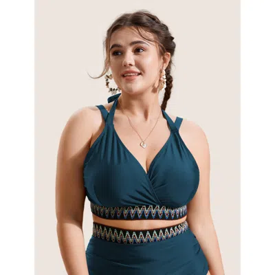 Bloomchic Women's Plus Size Embroidered Wrap Tie Knot Swim Top Cyan Solid Sleeveless Lace-up Adaptive-fit 30/6 In Blue