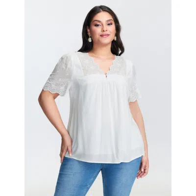 Bloomchic Women's Plus Size Embroidery Scalloped Sleeve Plain Blouse Ivory Non Elegant Short Sleeve 10/m In White