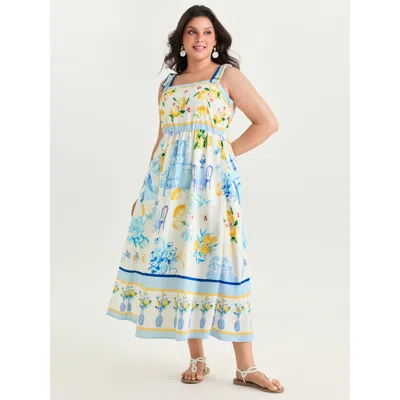 Bloomchic Women's Plus Size European Summer Print Pockets Maxi Dress Originalwhite Fruit Maxi Vacation Lace-up
