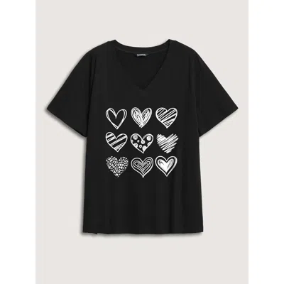 Bloomchic Women's Plus Size Every Heart Printed V-neck T-shirt Pureblack Heart Casual Short Sleeve 30/6x
