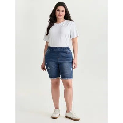 Bloomchic Women's Plus Size Everyday Elastic Waist Ripped Denim Shorts Midblue Non High Rise High Stretch Casu