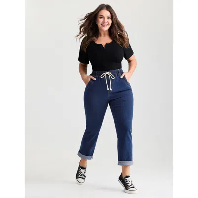 Bloomchic Women's Plus Size Everyday Pull-on Drawstring High-rise Jeans Midblue Not Graphics Lace-up Straight 
