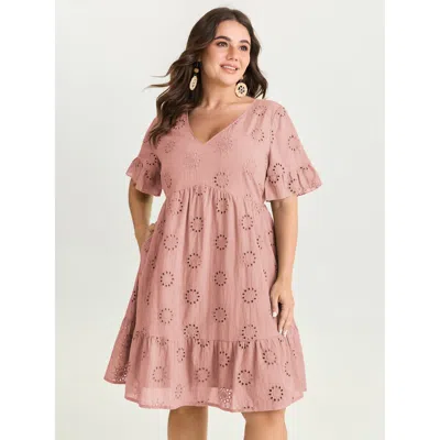 Bloomchic Women's Plus Size Eyelet Embroidered Ruffled Sleeve Mini Dress Nudepink Solid Cropped Vacation Cut-o