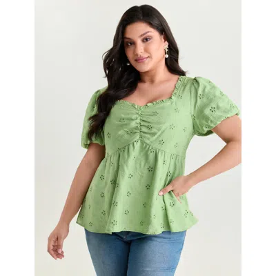 Bloomchic Women's Plus Size Eyelet Embroidered Shirred Back Blouse Lightgreen Elegant Short Sleeve 14-16/1x