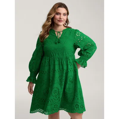 Bloomchic Women's Plus Size Eyelet Embroidery Shirred Cuffs Mini Dress Emerald Solid Mini Vacation Tassels 10/ In Green
