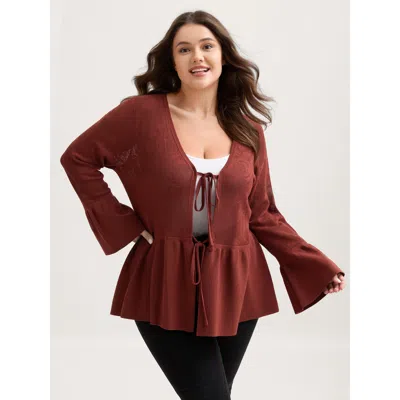 Bloomchic Women's Plus Size Eyelet Jacquard Ruffled Hem Knit Cardigan Maroon Long Sleeve 12/l In Burgundy