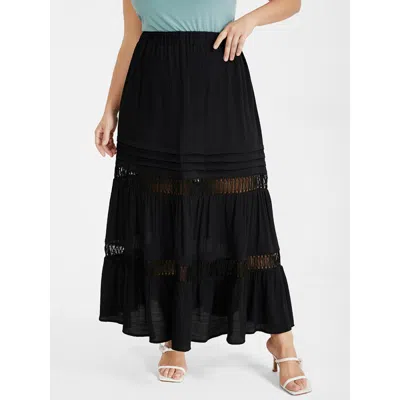 Bloomchic Women's Plus Size Eyelet Lace Patchwork Elastic Waist Skirt Black Patchwork Dailywear 10/m
