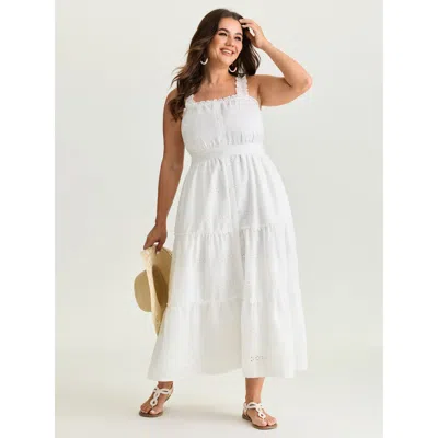 Bloomchic Women's Plus Size Eyelet Lace Trim Straps Tiered Midi Dress Originalwhite Synthetic Texture Midi Vac