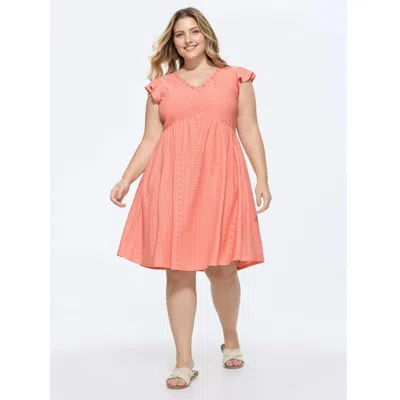 Bloomchic Women's Plus Size Eyelet Textured Flutter Sleeve Mini Dress Crepe Solid Knee Length Casual Lace Trim