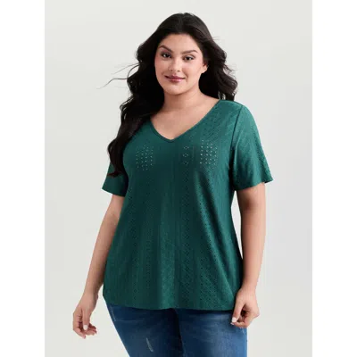 Bloomchic Women's Plus Size Eyelet Trim Draped Stretchy Backless Top Darkgreen Short Sleeve Casual 10/m In Green