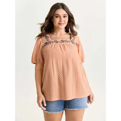 Bloomchic Women's Plus Size Eyelet Trim Floral Embroidered Solid T-shirt Coral Solid Elegant Short Sleeve Squa In Orange