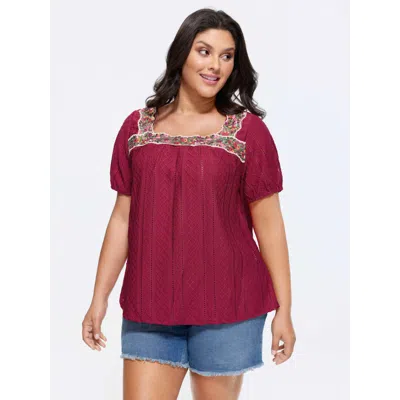 Bloomchic Women's Plus Size Eyelet Trim Floral Embroidered Solid T-shirt Crimson Solid Elegant Short Sleeve Sq In Red
