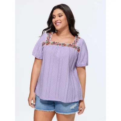 Bloomchic Women's Plus Size Eyelet Trim Floral Embroidered Solid T-shirt Lavender Solid Elegant Short Sleeve S In Purple
