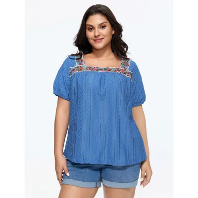Bloomchic Women's Plus Size Eyelet Trim Floral Embroidered Solid T-shirt Mediumblue Solid Elegant Short Sleeve
