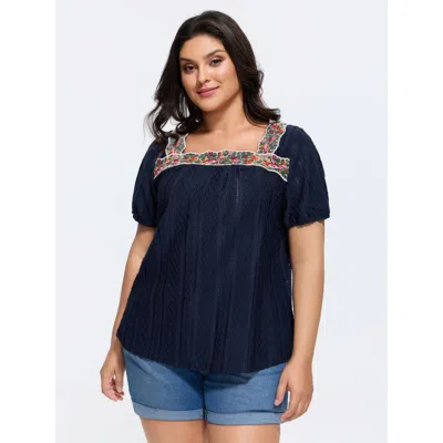 Bloomchic Women's Plus Size Eyelet Trim Floral Embroidered Solid T-shirt Midnight Solid Elegant Short Sleeve S In Blue