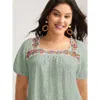 Bloomchic Women's Plus Size Eyelet Trim Floral Embroidered Solid T-shirt Mint Solid Elegant Short Sleeve Squar In Green