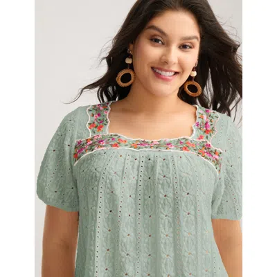 Bloomchic Women's Plus Size Eyelet Trim Floral Embroidered Solid T-shirt Mint Solid Elegant Short Sleeve Squar In Green