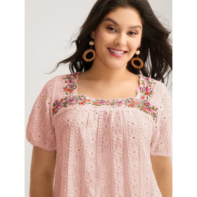 Bloomchic Women's Plus Size Eyelet Trim Floral Embroidered Solid T-shirt Nudepink Solid Elegant Short Sleeve S