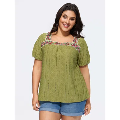 Bloomchic Women's Plus Size Eyelet Trim Floral Embroidered Solid T-shirt Olive Solid Elegant Short Sleeve Squa In Green