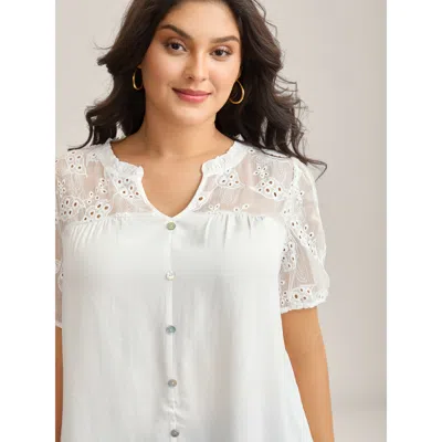 Bloomchic Women's Plus Size Eyelet Trim Sheer Button Detail Blouse Originalwhite Solid Elegant Short Sleeve V-